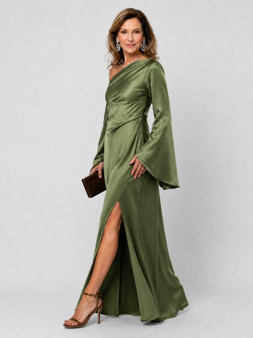 Elegant Green Satin Maxi Dress for Women with One Shoulder Wedding Guest Dress Style