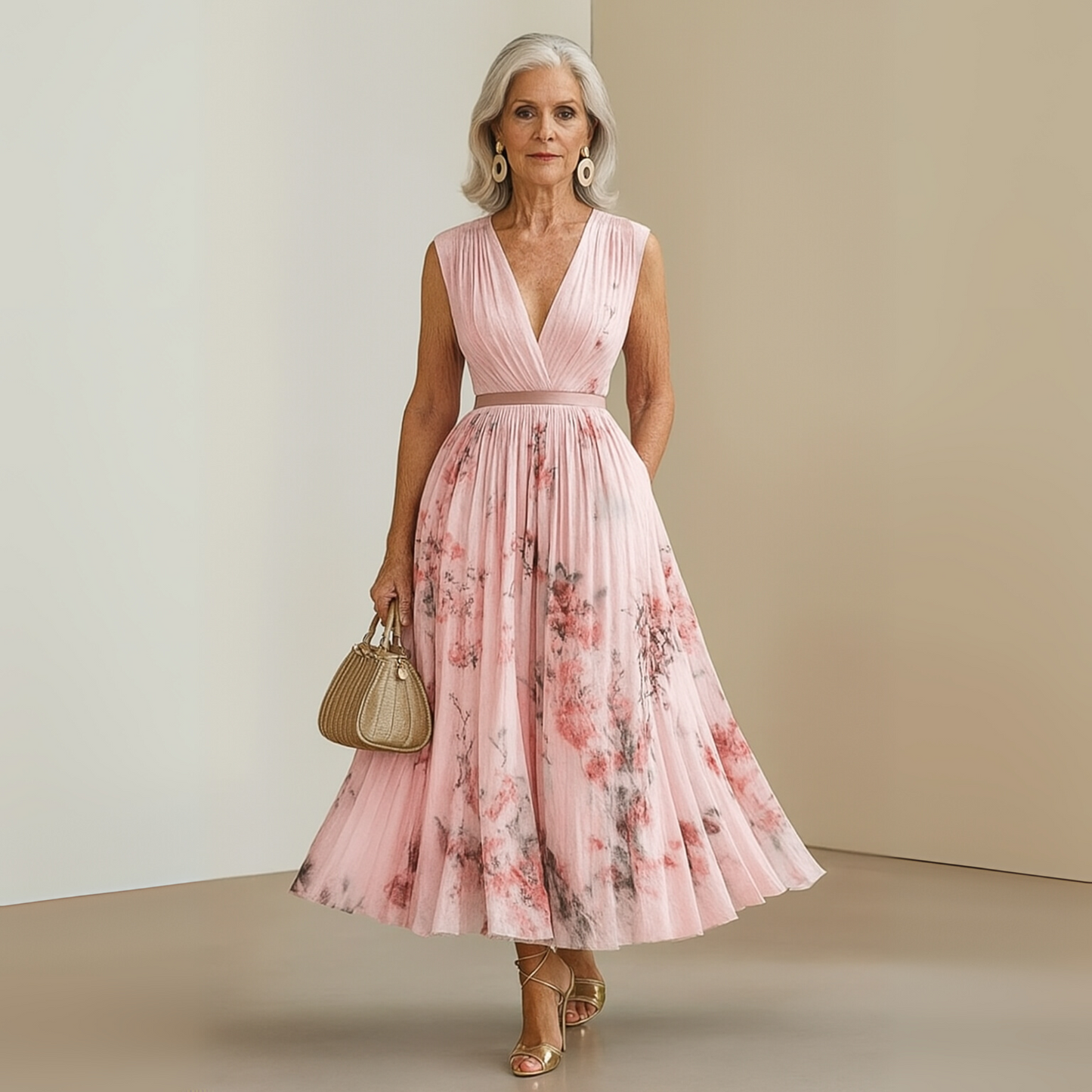 Elegant Floral Midi Dress for Women with V Neck Formal Style