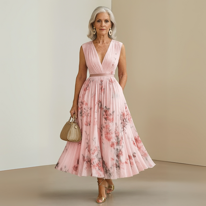 Elegant Floral Midi Dress for Women with V Neck Formal Style