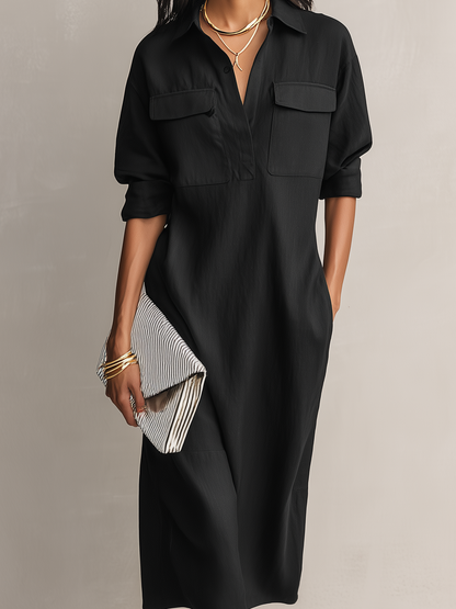 Effortless Black Shirt Dress for Women with Collar V Neck Style