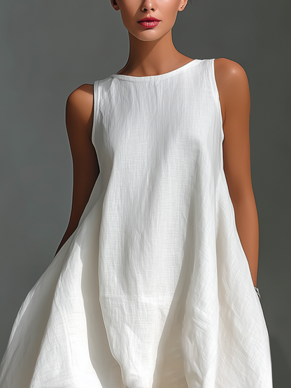 Effortless Linen Midi Dress for Women with Round Neck Style