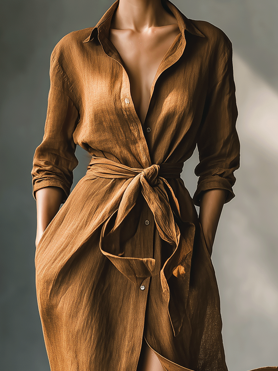Effortless Brown Shirt Dress for Women with Collar V Tie Style