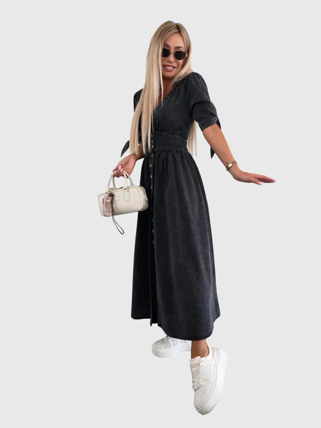 Effortless Denim Midi Dress for Women with V Neck Style
