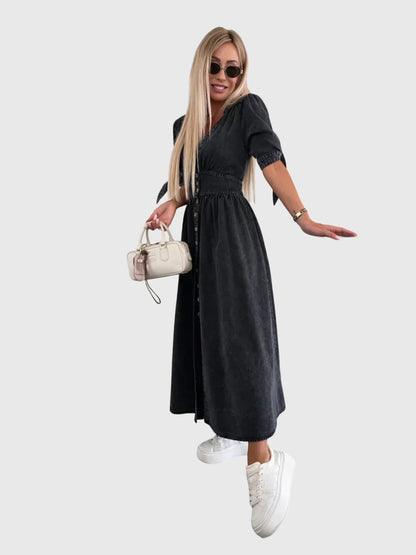 Effortless Denim Midi Dress for Women with V Neck Style