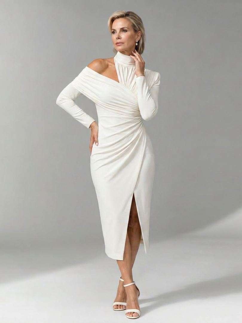 Elegant Midi Dress for Women with Mock Neck Wedding Guest Dress Style