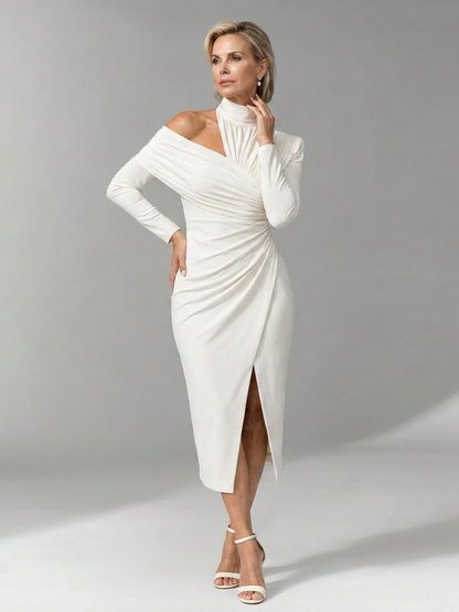 Elegant Midi Dress for Women with Mock Neck Wedding Guest Dress Style