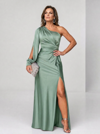 Elegant Satin Maxi Dress for Women with One Shoulder Wedding Guest Dress Style