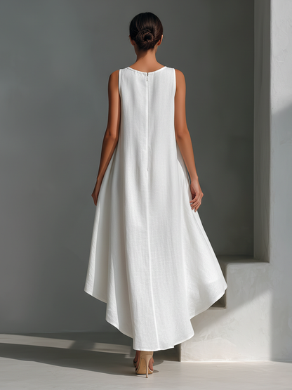 Effortless Linen Midi Dress for Women with Round Neck Style