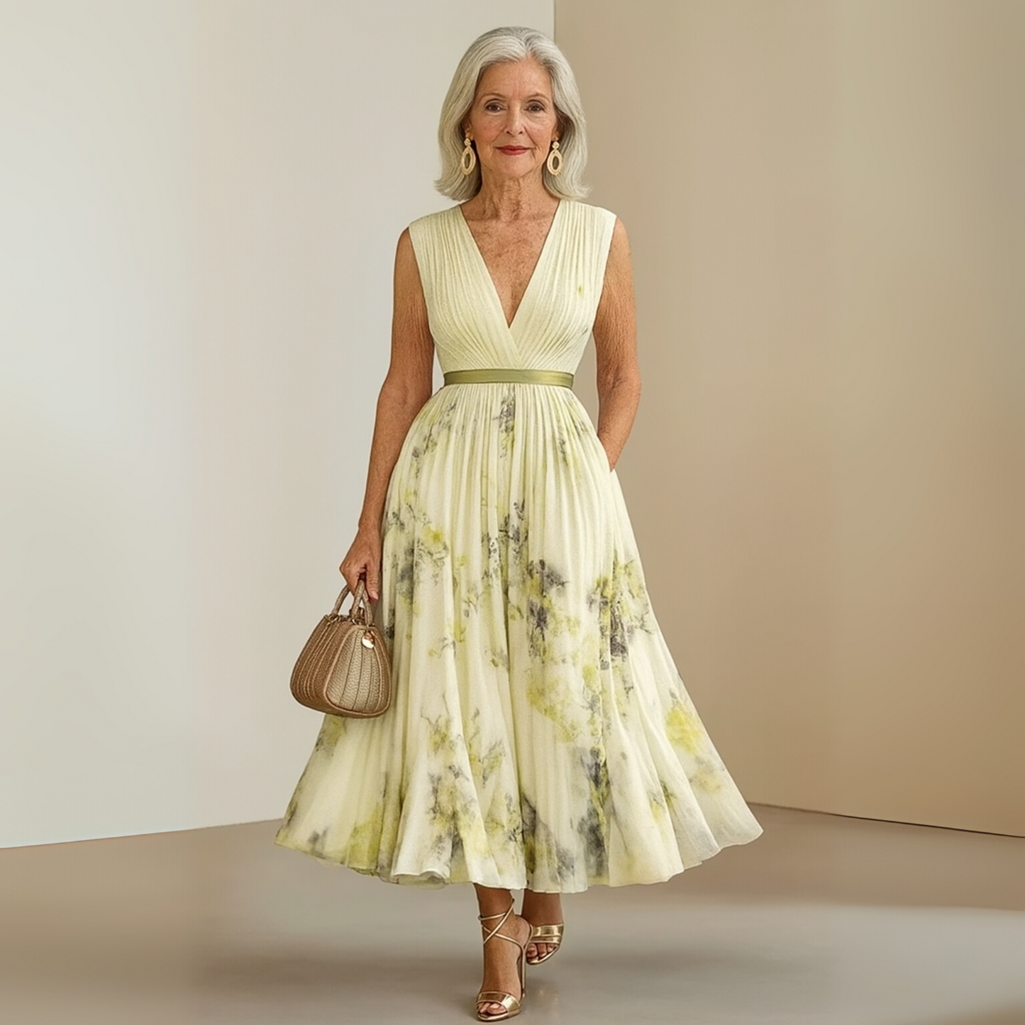 Elegant Floral Midi Dress for Women with V Neck Formal Style