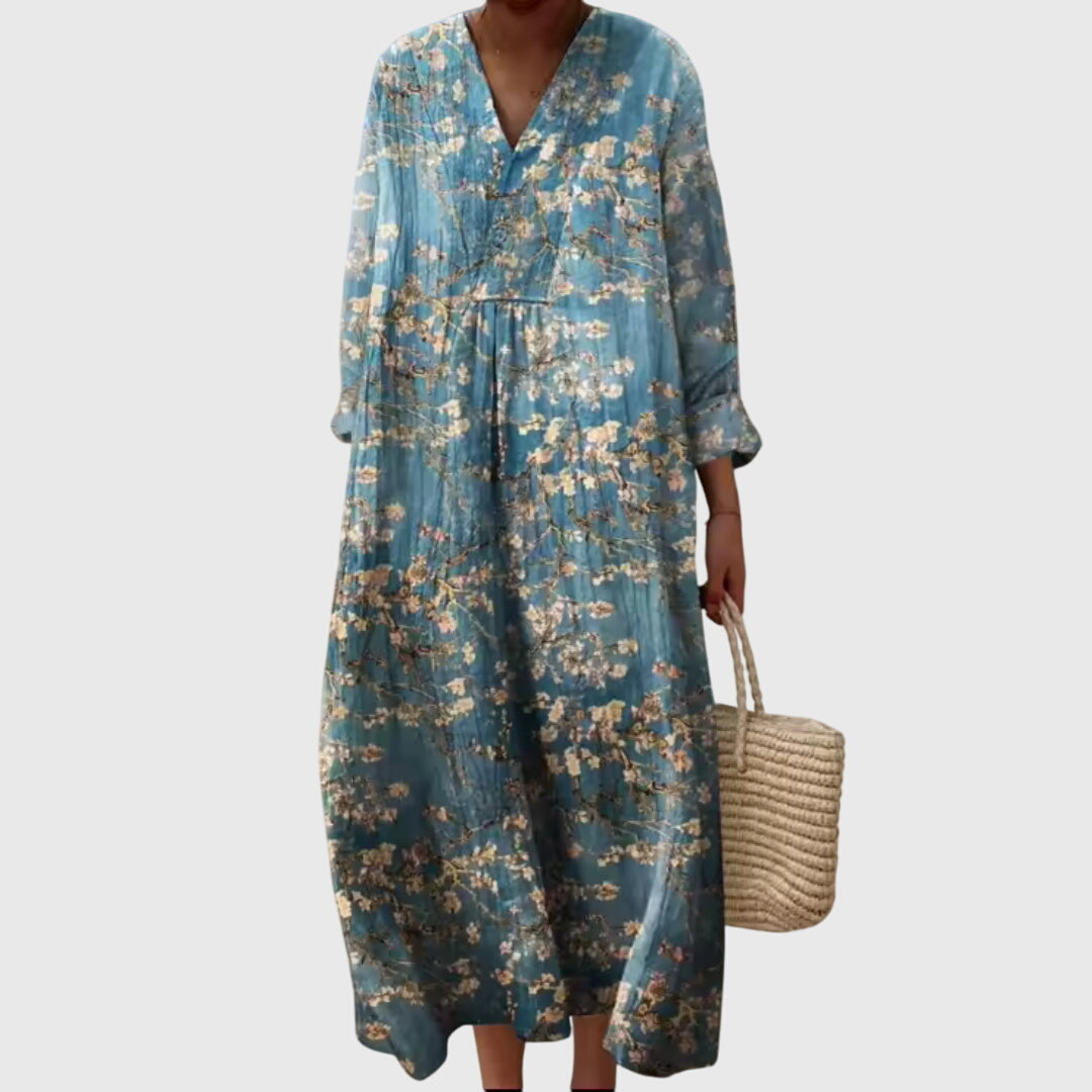 Effortless Linen Maxi Dress for Women with V Neck Long Sleeve Style
