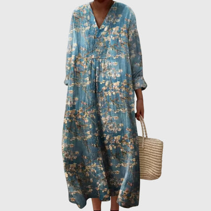 Effortless Linen Maxi Dress for Women with V Neck Long Sleeve Style