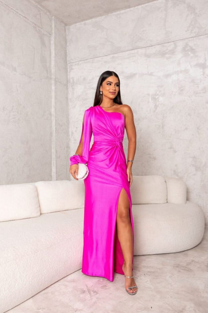 Elegant Satin Maxi Dress for Women with One Shoulder Formal Wedding Guest Style