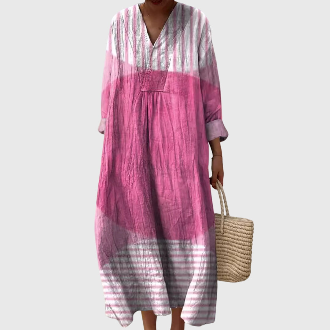 Effortless Linen Maxi Dress for Women with V Neck Long Sleeve Style