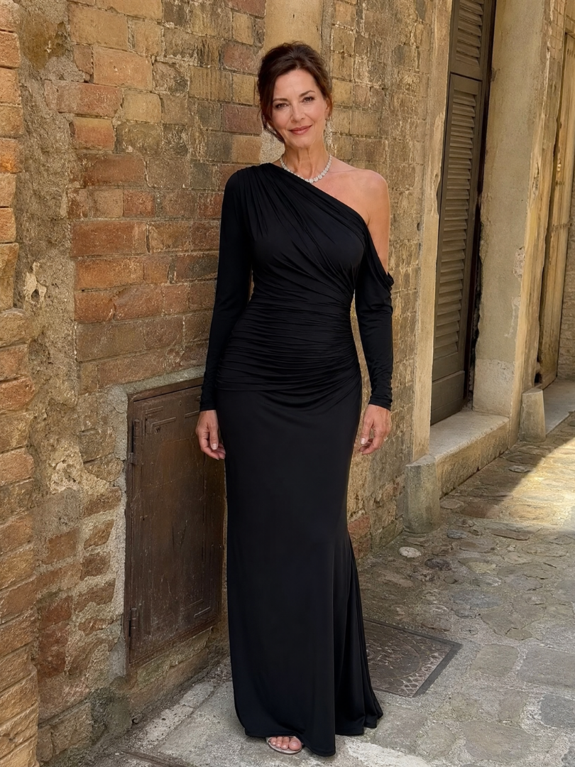 Elegant Black Maxi Dress for Women with One Shoulder Wedding Guest Dress Style
