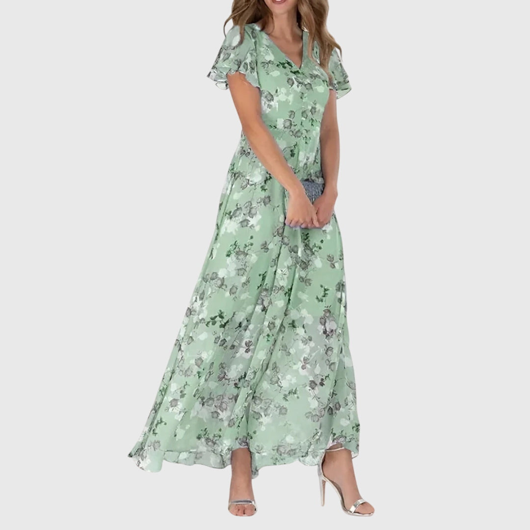 Effortless Floral Maxi Dress for Women with V Neck Flutter Sleeve Style