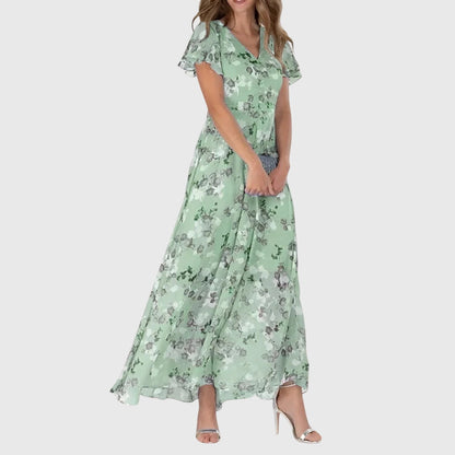 Effortless Floral Maxi Dress for Women with V Neck Flutter Sleeve Style