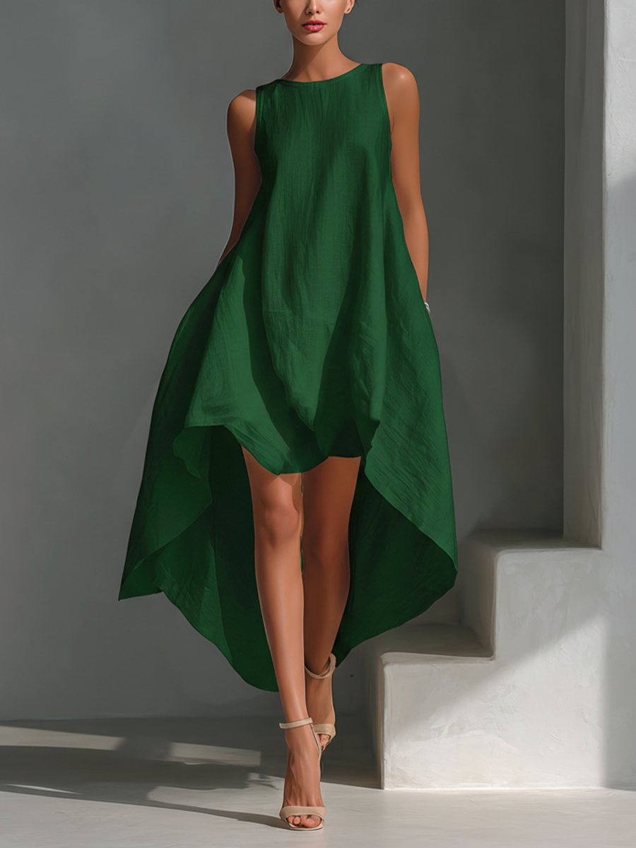 Effortless Linen Midi Dress for Women with Round Neck Style