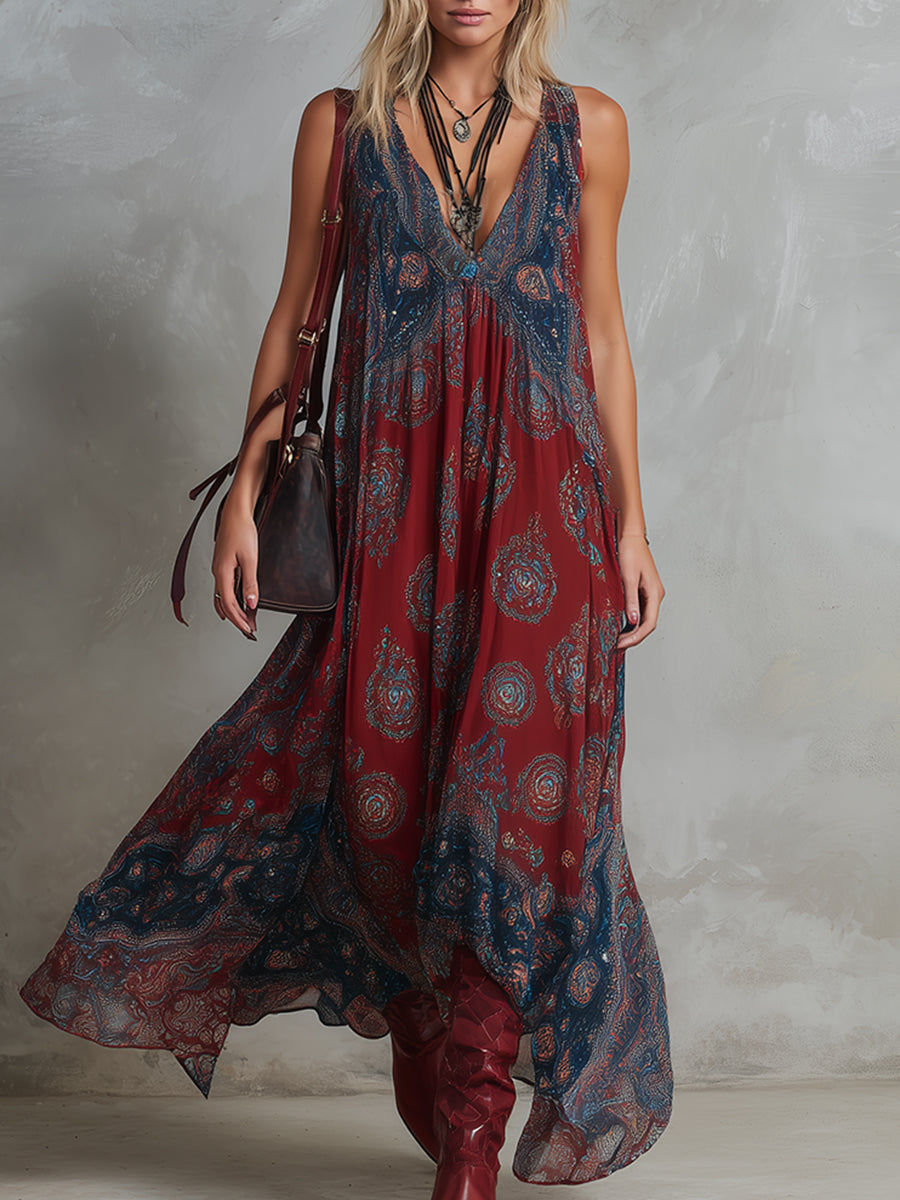 Wine Red Boho Maxi Dress with V Neck