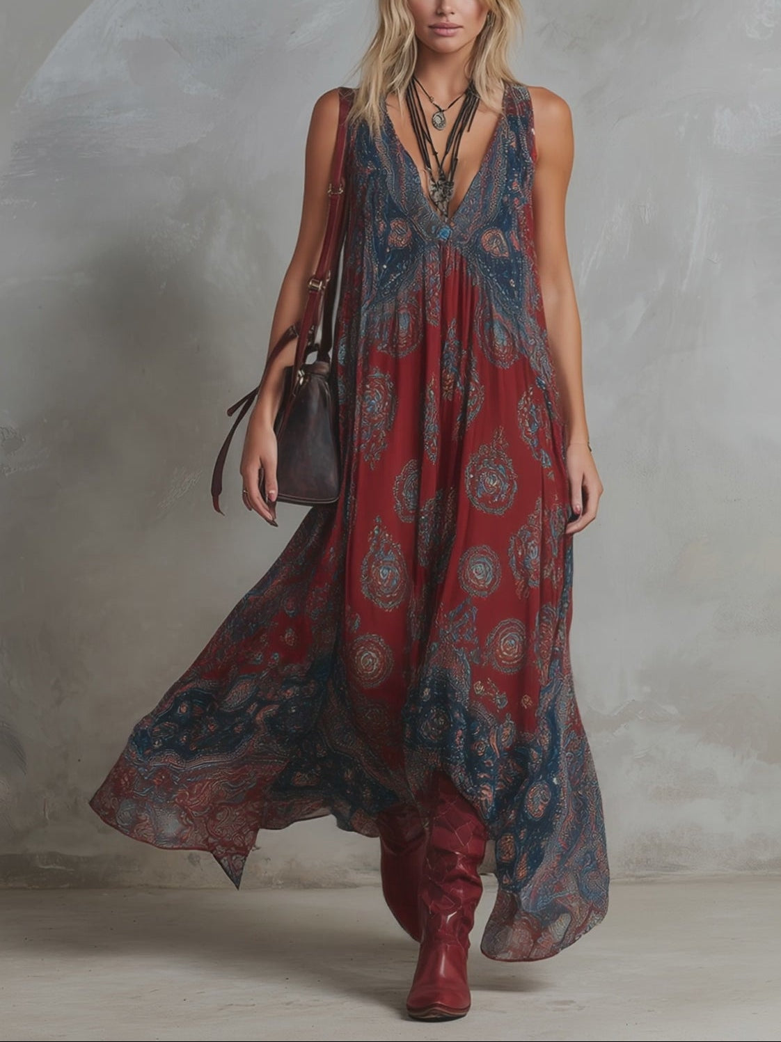 Wine Red Boho Maxi Dress with V Neck