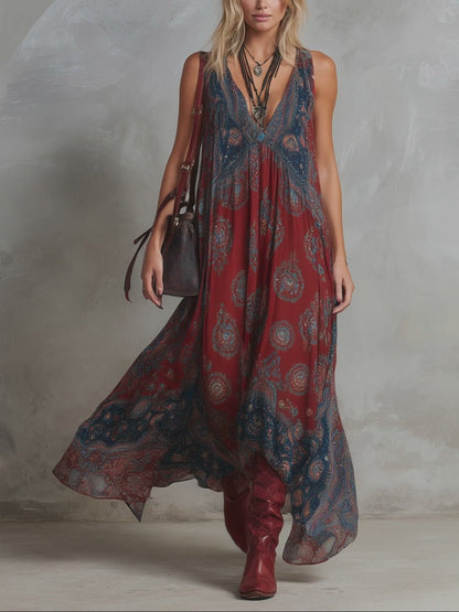 Wine Red Boho Maxi Dress with V Neck