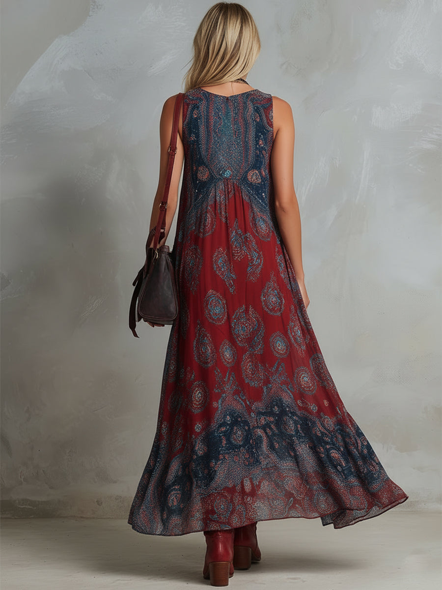 Wine Red Boho Maxi Dress with V Neck