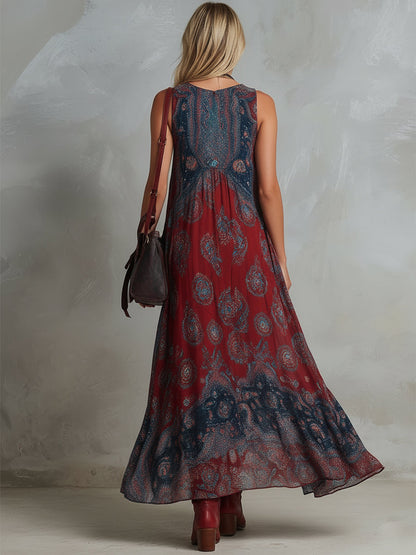 Wine Red Boho Maxi Dress with V Neck