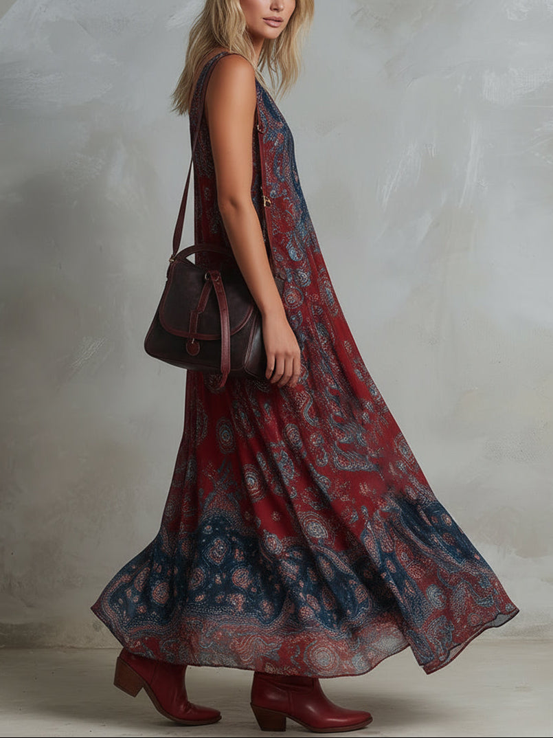 Wine Red Boho Maxi Dress with V Neck