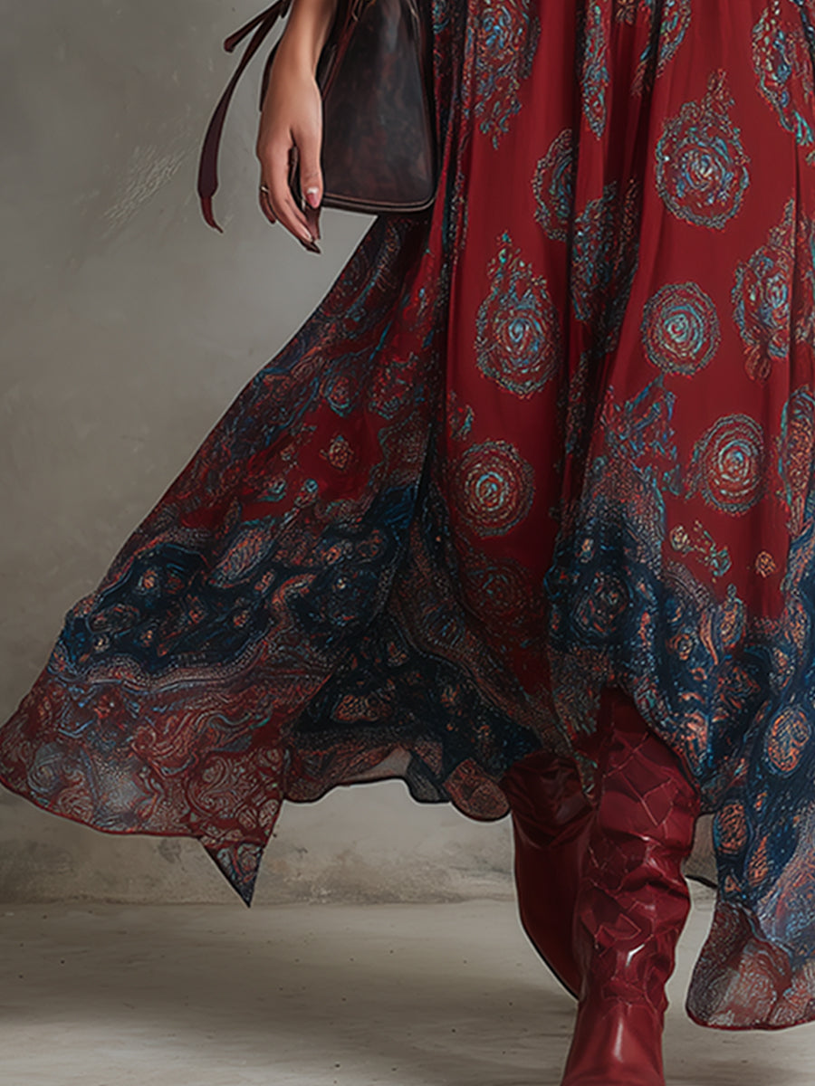 Wine Red Boho Maxi Dress with V Neck