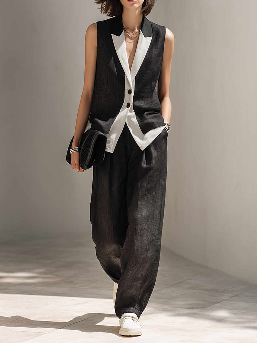 Black Vest Two Piece Set with Wide Leg Pants