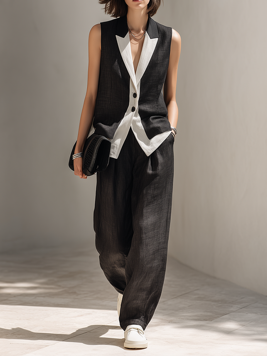 Elegant Black Two Piece Set for Women with Contrast Trim Vest Top Wide Leg Pants Tailored Style
