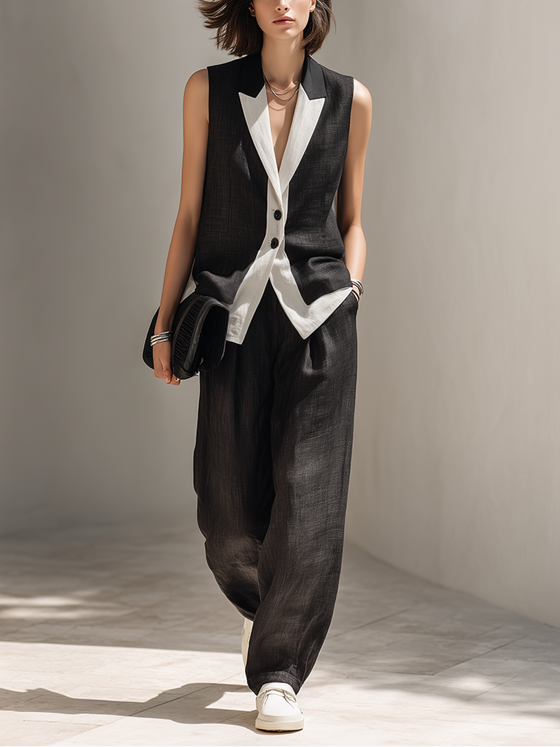 Black Vest Two Piece Set with Wide Leg Pants