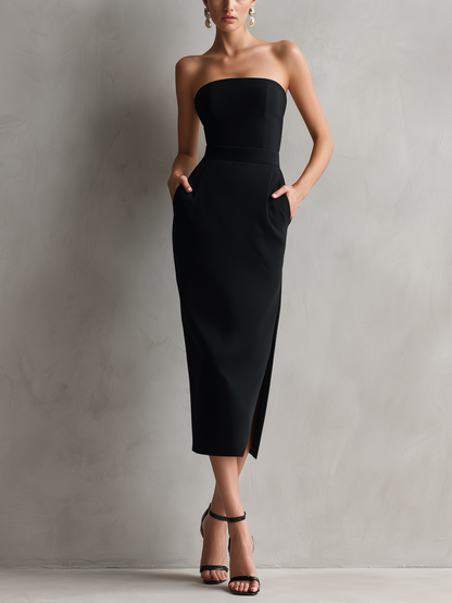 Elegant Black Midi Dress for Women with Strapless Wedding Guest Dress Style