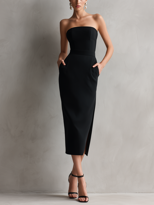 Elegant Black Midi Dress for Women with Strapless Wedding Guest Dress Style