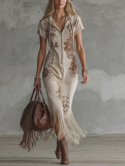 Off-White Embroidered Fringe Midi Dress
