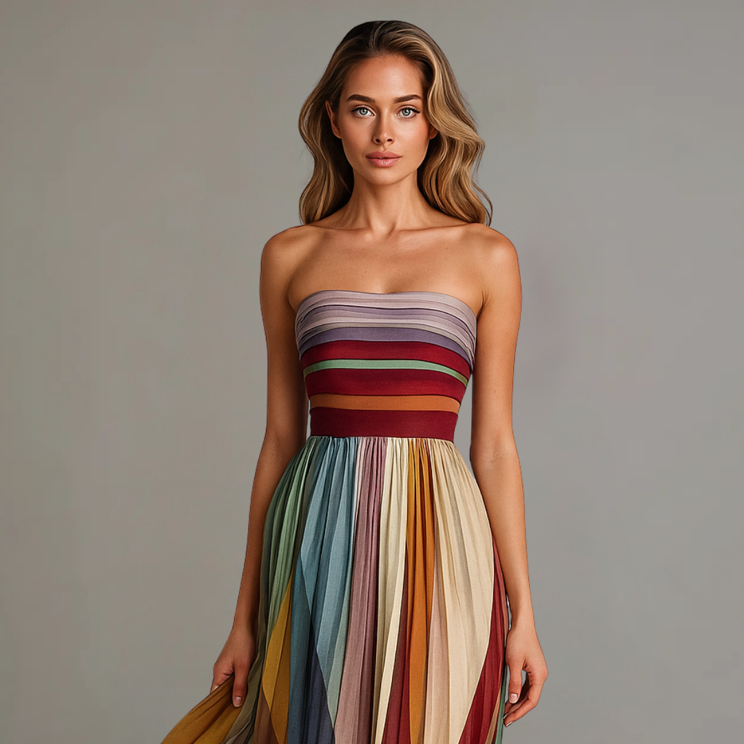 Elegant Multicolor Striped Maxi Dress for Women with Strapless Formal Wedding Guest Style