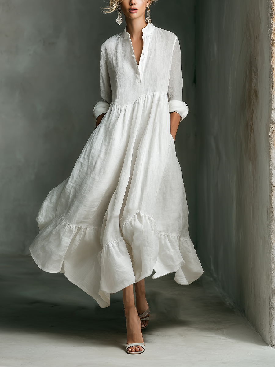 Effortless White Maxi Dress for Women with Stand Collar Style