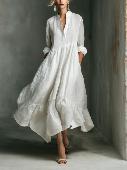 Effortless White Maxi Dress for Women with Stand Collar Style