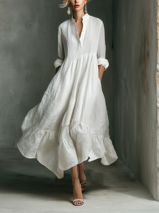 Effortless White Maxi Dress for Women with Stand Collar Style