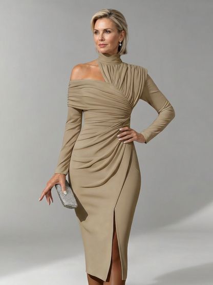 Elegant Midi Dress for Women with Mock Neck Wedding Guest Dress Style
