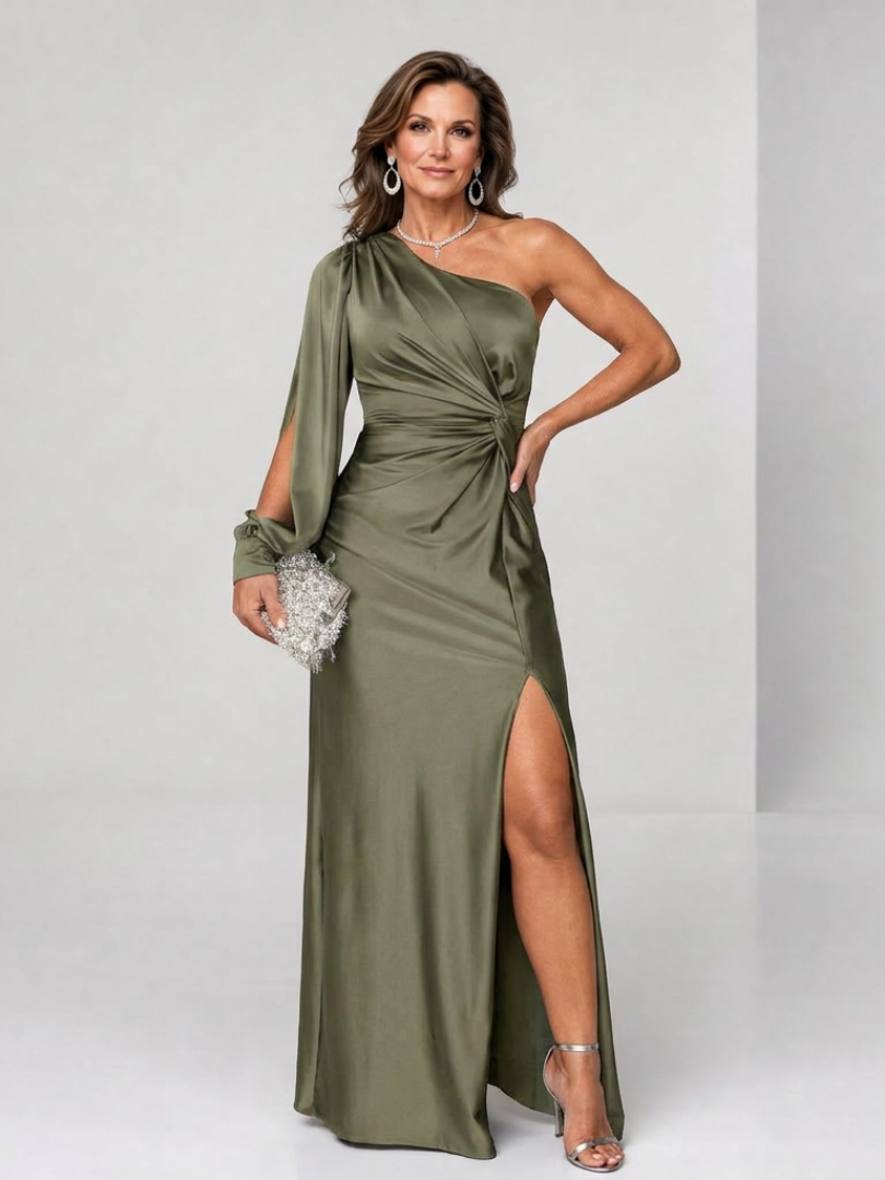 Elegant Satin Maxi Dress for Women with One Shoulder Wedding Guest Dress Style