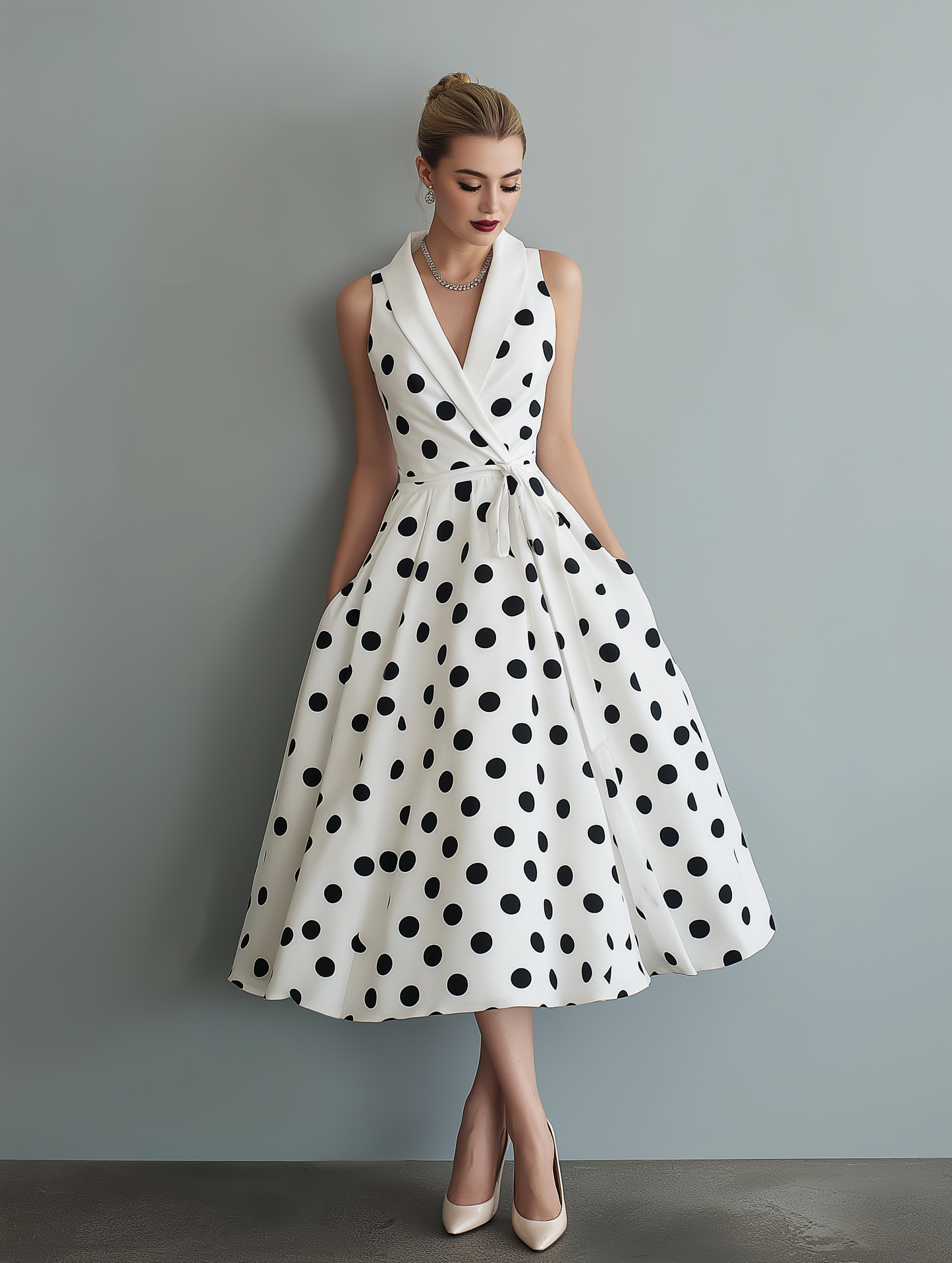 Elegant Black and White Polka Dot Midi Dress for Women with V Neck Style