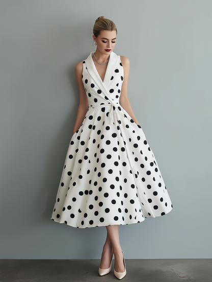 Elegant Black and White Polka Dot Midi Dress for Women with V Neck Style