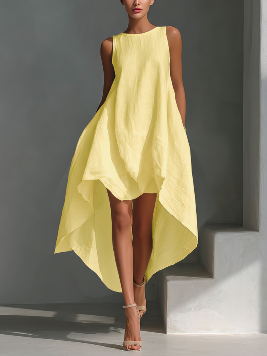 Effortless Linen Midi Dress for Women with Round Neck Style