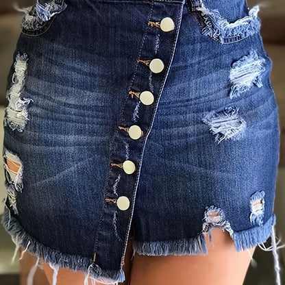 Stylish Blue Denim Mini Skirt for Women with High Waist Ripped Button Front Raw Hem Jean Skirt Style