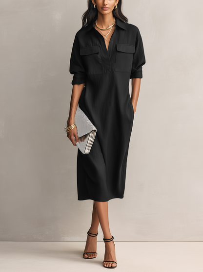 Effortless Black Shirt Dress for Women with Collar V Neck Style