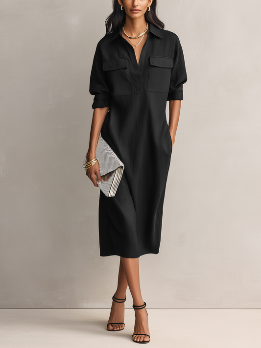 Effortless Black Shirt Dress for Women with Collar V Neck Style