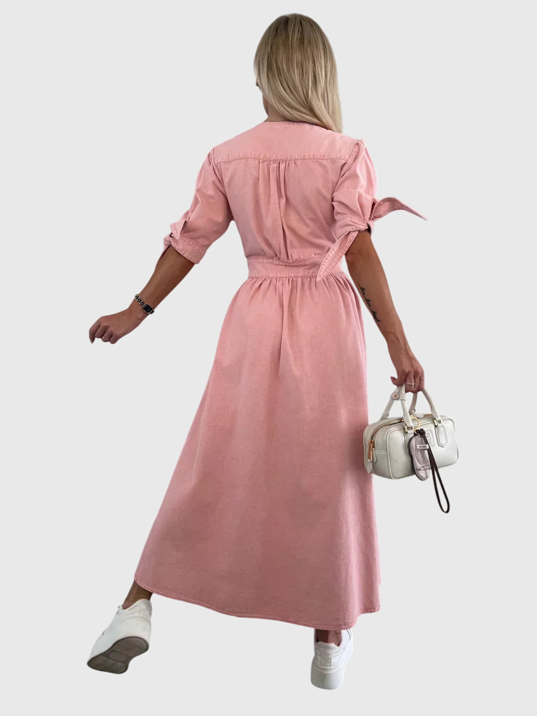 Effortless Denim Midi Dress for Women with V Neck Style