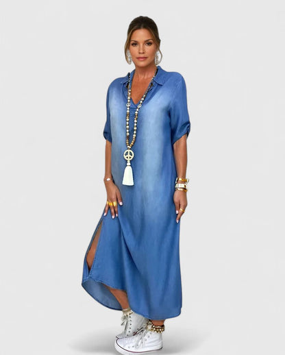 Effortless Blue Denim Maxi Dress for Women with Collar Style
