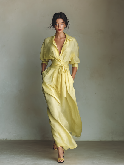 Effortless Ivory Linen Maxi Dress for Women with Crew Neck Style
