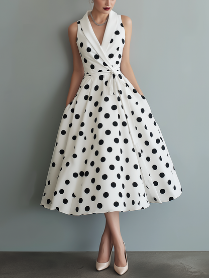 Elegant Black and White Polka Dot Midi Dress for Women with V Neck Style